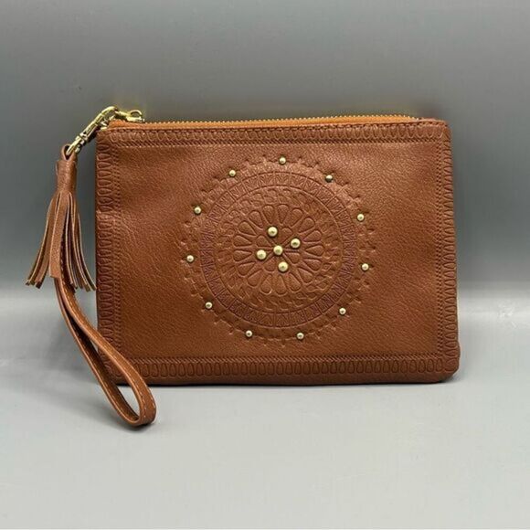 Bass Handbags - Bass Tan Studded Fringe Wristlet Wallet